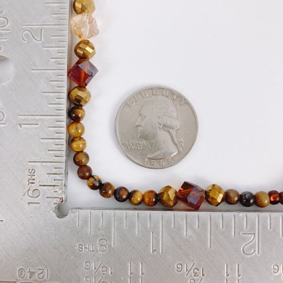 Vintage Tiger Eye Gemstone Necklace Amber Glass Beaded Choker Silver Tone Toggle - Picture 10 of 12